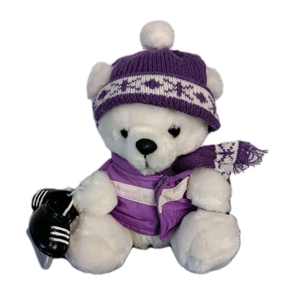 Dakin Ice Skate Bear Purple Hat Jacket Scarf Holding Skates Sitting Plush 1987